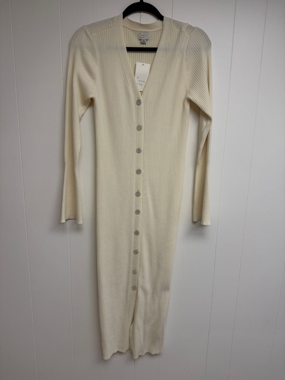 a new day Cream Ribbed Button-Front V-Neck Midi Dress